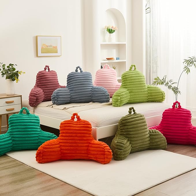 Faux Fur Fluffy Dusty Rose Reading Pillow with Pockets, Luxury Striped Plush Decorative, Arm Rests and Back Surport for Bed Rest, Lounging on sofa, Standard