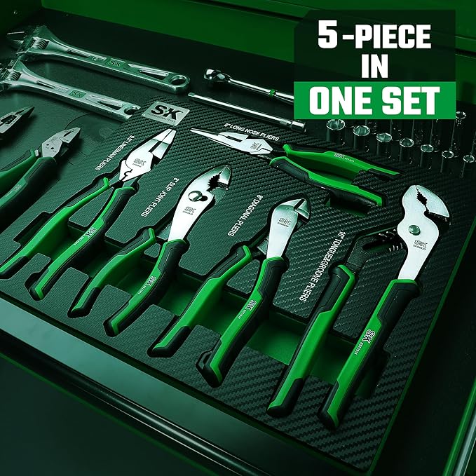 SK 5-Piece Pliers Set, 8" Long Nose, 9.5" Linesman, 8" Slip Joint, 8" Diagonal, and 10" Groove Joint, Premium CR-V Construction, with EVA Foam Tool Organizer