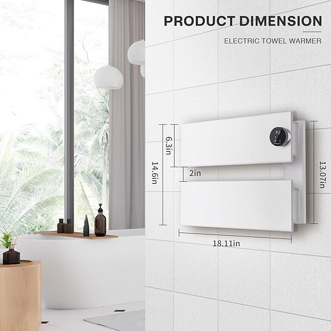 K&KALONZO Electric Towel Warmer, 18.35" W x 14.6" H Wall-Mounted Towel Heater with Built-in Timer, Waterproof Aluminum Towel Warmer for Bathroom, Support Plug-in and Hardwired, White, K2-R-W
