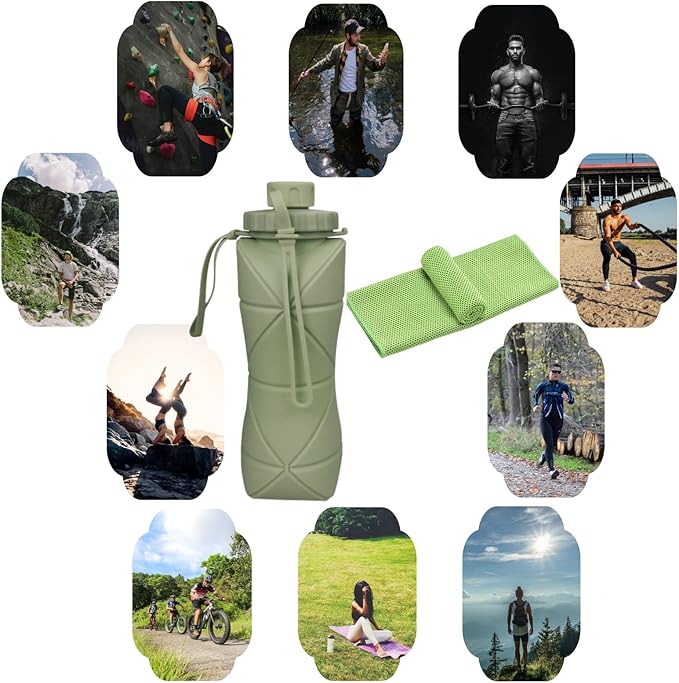 Gift for Father Day and Graduation, New Portable Silicone Collapsible Water bottle with Cooling Towel for Traveling and Outdoor Sports,600ml BPA Free Water Bottle,Summer Essentials (Grey)