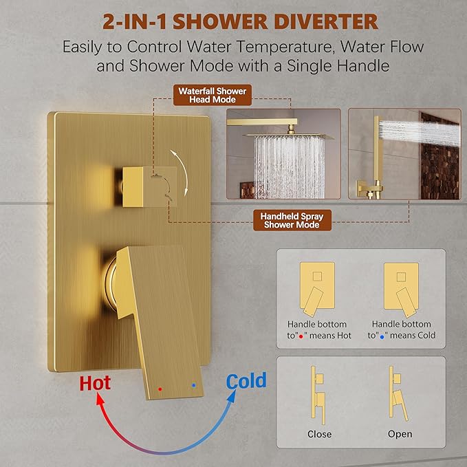 Gold Shower System, 10'' Square Rainfall Shower Head with Handheld Combo Spray, Bathroom Brushed Gold Shower Faucet Set with Valve, 59'' Shower Hose, Shower Trim Kit and Diverter, Wall Mounted