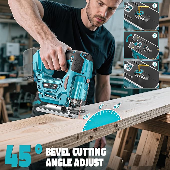 Jig Saw Compatible with Makita 18V Battery, Laser Guide Cordless Jigsaw Tool, 3000RPM Brushless Motor, Variable Speed, 45° Bevel Angle Cut, LED Light, 3 Orbital Sets, 6PCS Blades (No Battery)