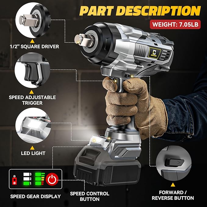 Cordless Impact Wrench 1/2 inch for DeWalt Max20V Battery: 1700FT-LBS High Torque Impact Wrench Heavy Duty Tool with 6 Sockets - Brushless Electric Impact Gun Includes LED Work Light - Bare Tool Only
