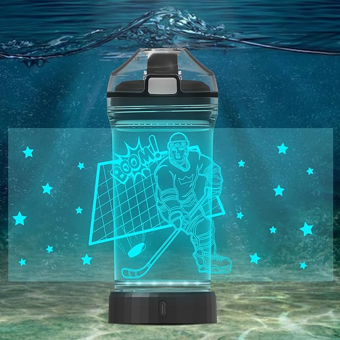 Kids Water Bottle with Ice Hockey Player Design 3D Glowing LED Light-Tritan BPA Free,Perfect for Back-to-School Season, Girls, Boys, Kids, Holiday Camping, Picnic Gifts - 14 oz Travel Mug