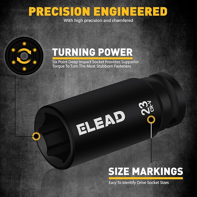 ELEAD 67 Piece 1/2" Drive Deep Impact Socket Set: Standard SAE (3/8"-1-1/4") & Metric (8-24 mm), Including 3 ", 5", 10" Extension Bar, Universal Joint, Ratchet Handle and Adapter