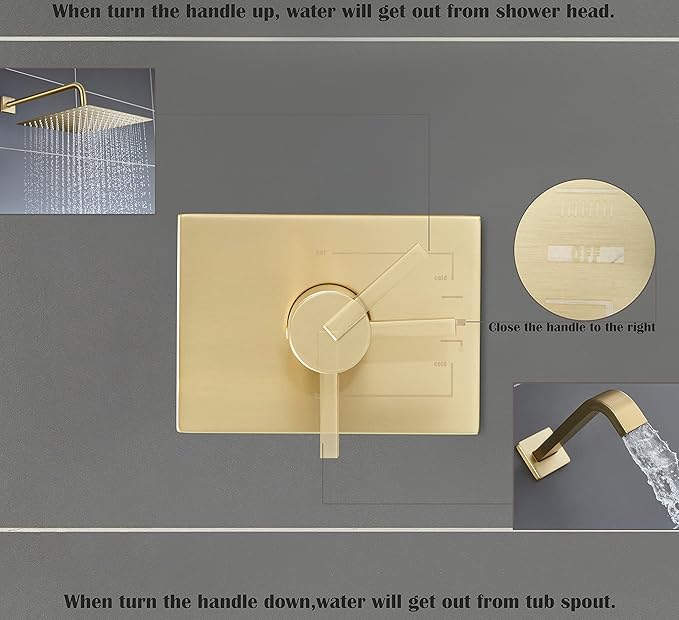 Brushed Gold Shower Fixtues, Tub and Shower Faucet Set Combo with 12 Inch Gold Shower Head and Tub Spout, Gold Shower Head and Handle Set (Valve Included)