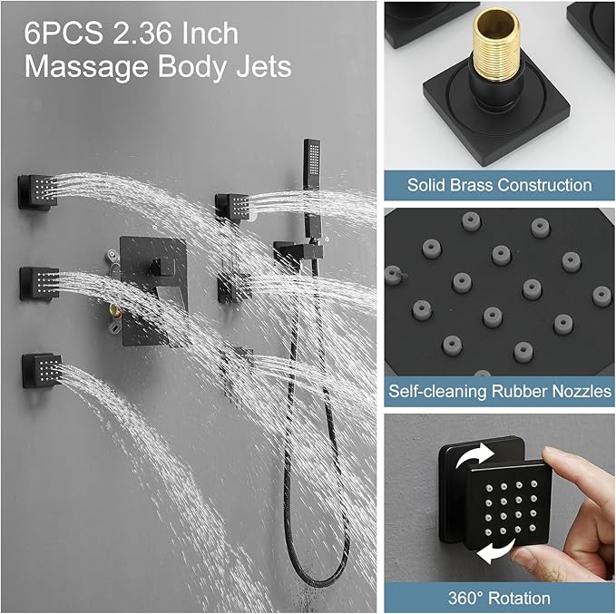 BWE Black Shower System with Body Jets,10 Inch Rain Shower Head with 6 Body Spray Jets and Handheld Shower,Wall Mounted Shower Faucet Set,Rough-in Mixer Valve and Trim Included