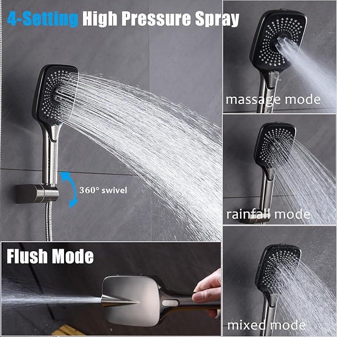 Shower Faucet Set Brushed Nickel Rough-in Anti-Scald Pressure Balanced Valve Body Modern Luxury Wall Mounted 10 Inch Rain Mixer Shower System (Brushed Nickel)