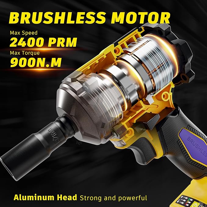 Cordless Impact Wrench for DeWalt 20V Battery,1/2 inch Power Impact Wrench, Brushless Electric Impact Gun 665Ft-lbs(900N.m) High Torque Impact Driver with 3-Mode, LED Work Light(No Battery)