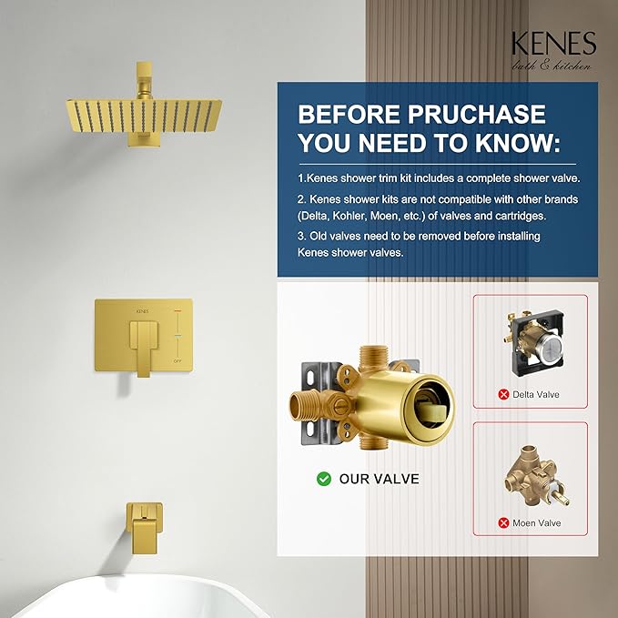 KENES Brushed Gold Tub and Shower Trim Kit, Modern Shower Faucet Set with Single-Spray Gold Shower Head, Square Shower Faucet, KE-6024A-4 (Shower Valve Included)