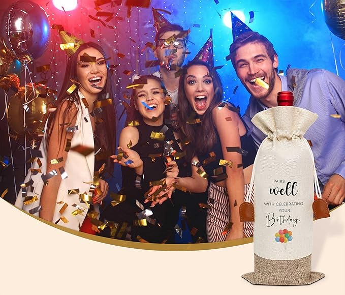 Funny Birthday Wine Bag, Cotton Linen Wine Gift Bag With Drawstring, Wine Champagne Bottle Gift Bag, Birthday Gifts Ideas for Men Woman Her Girl Friend Sister, Birthday Party Favors-35