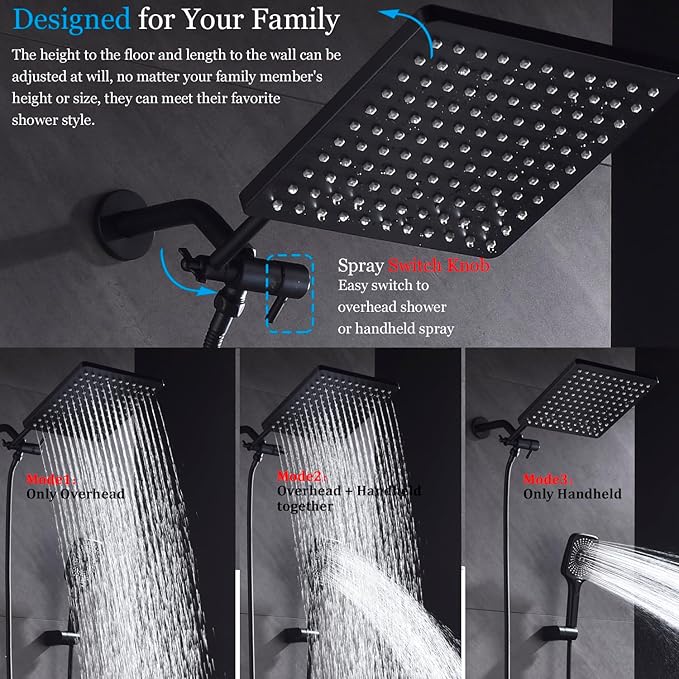 Shower Faucet Set Matte Black Rough-in Anti-Scald Pressure Balanced Valve Body Modern Luxury Wall Mounted 10 Inch Rain Mixer Shower System (Matte Black)