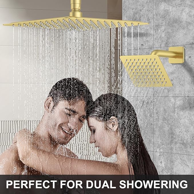 KOJOX Brushed Gold Thermostatic Shower System, Push Button Diverter Shower Faucet Set with 12" Ceiling Mount Rain Shower, 6" Wall Mount Shower Head, and 4-in-1 Handheld Spray