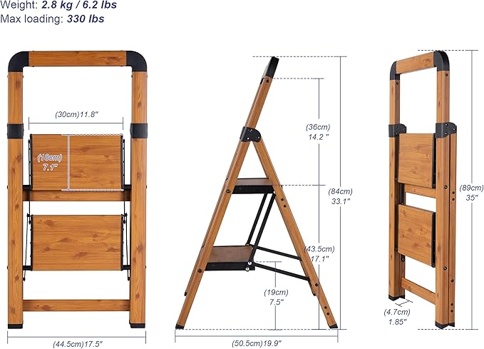 Step Ladder Folding 2-Step Ladders Aluminum Woodgrain Finish Step Stool Anti-Slip Portable Sturdy for Home & Kitchen Office 330 lbs