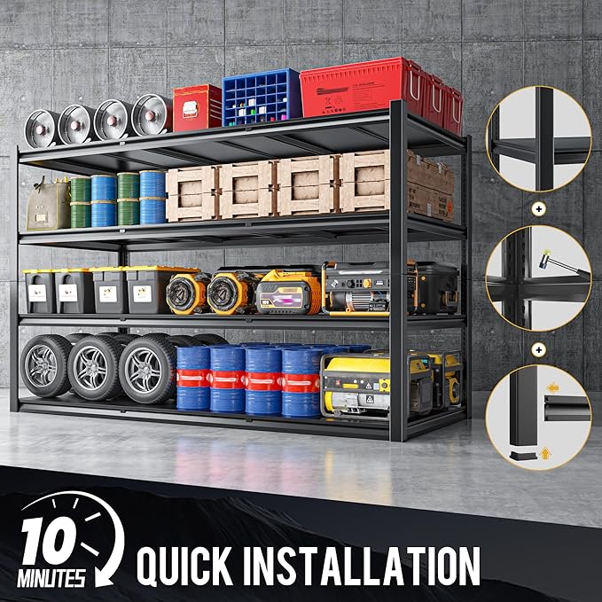 59.8" W x 59.8" H x 24.2" D Metal Storage Shelves, 2400LBS Garage Shelving Unit with Adjustable Shelf, 4 Tier Storage Rack for Garage, Pantry, Warehouse, Basement, Black, 2 Pack