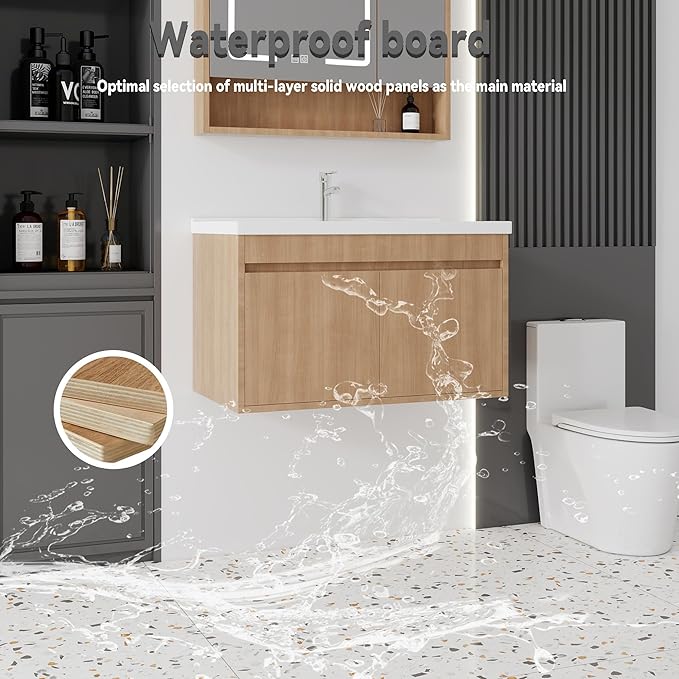 32'' Bathroom Vanity with Ceramic Sink Combo, Wall Mounted Small Bathroom Vanity with Soft-Close Door Modern Floating Cabinet, Pop-up Drain, P-Trap Included, Walnut(No Faucet)