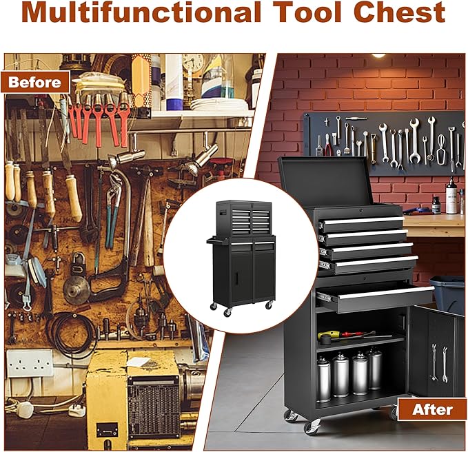 Rolling Tool Chest 5 Drawers Tool Box Garage Storage Cabinet Steel Frame 2 in 1 Tool Cart with Universal Lockable Wheels, Detachable Top and Adjustable Shelf for Garage, Black