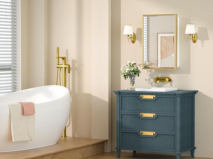 Keonjinn 17" x 25" Gold Medicine Cabinets with Mirror for Bathroom, Recessed or Surface Wall-Mounted Aluminum Alloy Framed Beveled Mirror, Single Door Farmhouse Bathroom Mirror with Storage Cabinet