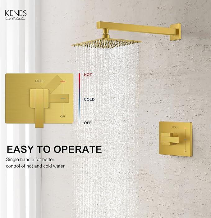 KENES Brushed Gold Shower Faucet, Modern Square Shower Trim Kit with Single-Spray Gold Shower Head, Wall Mount, KE-6024B-4 (Including Shower Valve)