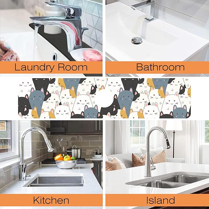 Kitchen Faucet Mat Cute Cartoon Kitten Family Kitchen Sink Splash Guard Faucet Mat,1 PC Splash Guard Behind Faucet Drip Catcher for Kitchen,Dish Drying Mat,Bathroom Faucet Mat 23.5""X5.5""