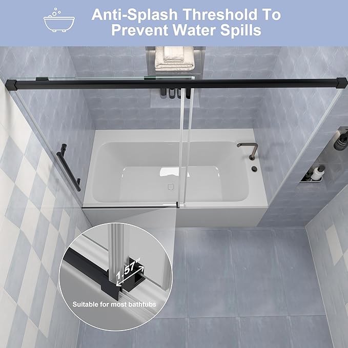 KPUY Bathtub Shower Door, 56-60" W x 58" H Sliding Shower Door for Bathtub, 1/4" (6mm) Thick Tempered Clear Glass with Explosion-Proof Film Nano Coating in Matte Black Finish