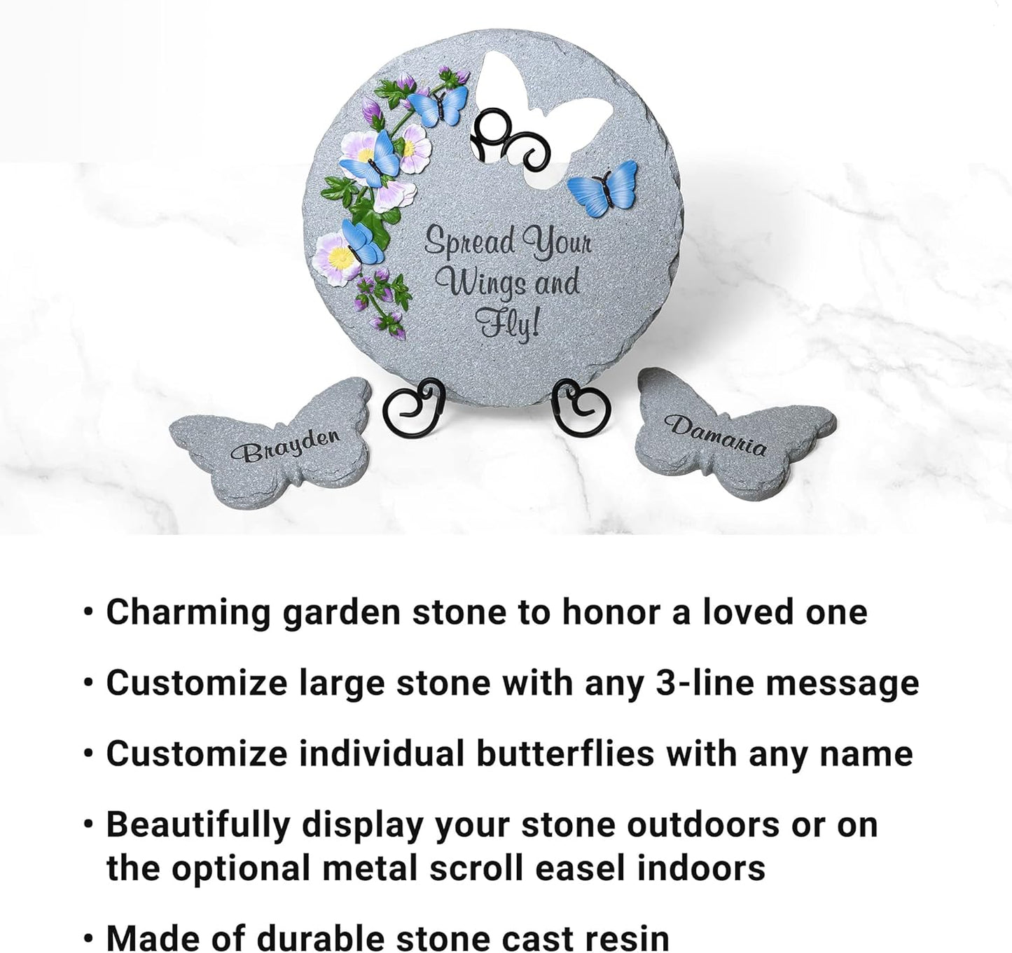 Let's Make Memories Personalized Garden Décor - Custom Garden Stone - Indoor/Outdoor - for Mom or Grandma - for Her - Engraved - Durable Resin - Butterfly Stone