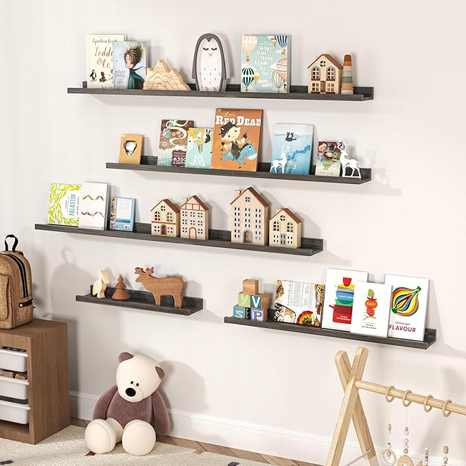 Floating Shelves for Wall, Picture Ledge Shelf 55 Inch Solid Wood Set of 2, Rustic Wall Shelves with Lip, Kids Bookshelf, Photo & Picture Live Edge Floating Shelves for Bedroom, Living Room, Kitchen