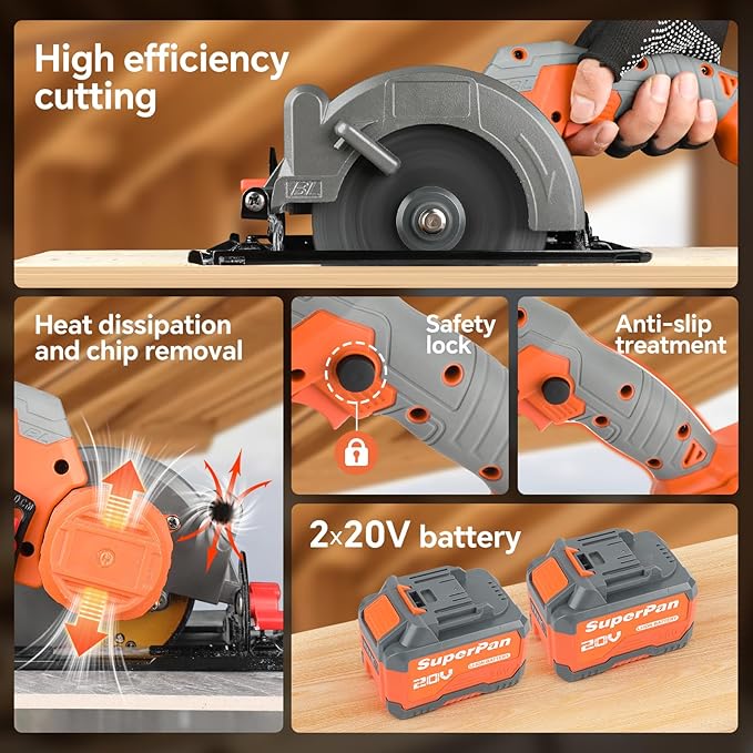 20V 6.0Ah Cordless Mini Circular Saw, 6700RPM, 4-1/2" Blade, 2 Batteries Included,2 Blades, Max Cutting Depth 1-11/16"(90°),1-3/16"(45°), Ideal for Wood/Metal/Plastic/Ceramic Tiles