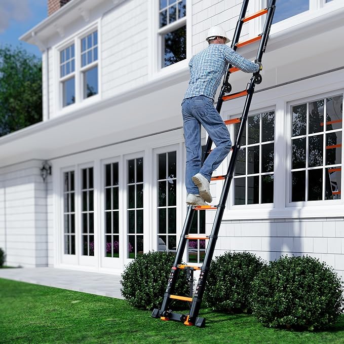 20.3 FT Telescoping A Frame Ladder, 10 Step, ANSI Certified, Type I Heavy Duty, 330lbs Max Capacity, Aluminum Extension Ladder for Home, Roof, RV; Orange