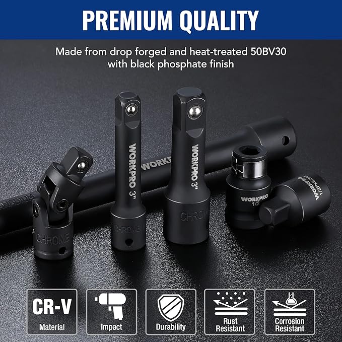 WORKPRO 18-Piece Impact Socket Extension Set, Includes Socket Adapters, Ratchet Extension Set, Socket Extension Bar, Swivel Universal Joints and Impact Coupler, 1/4", 3/8" & 1/2" Drive