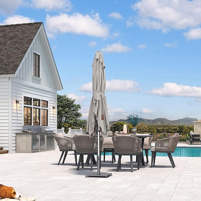 PURPLE LEAF 6 X 10 FT Semi-Auto Outdoor Patio Umbrella Market Table Sun Umbrellas with 6 Aluminum Sturdy Ribs for Backyard Deck Garden Pool (Silver Pole Beige Canopy)