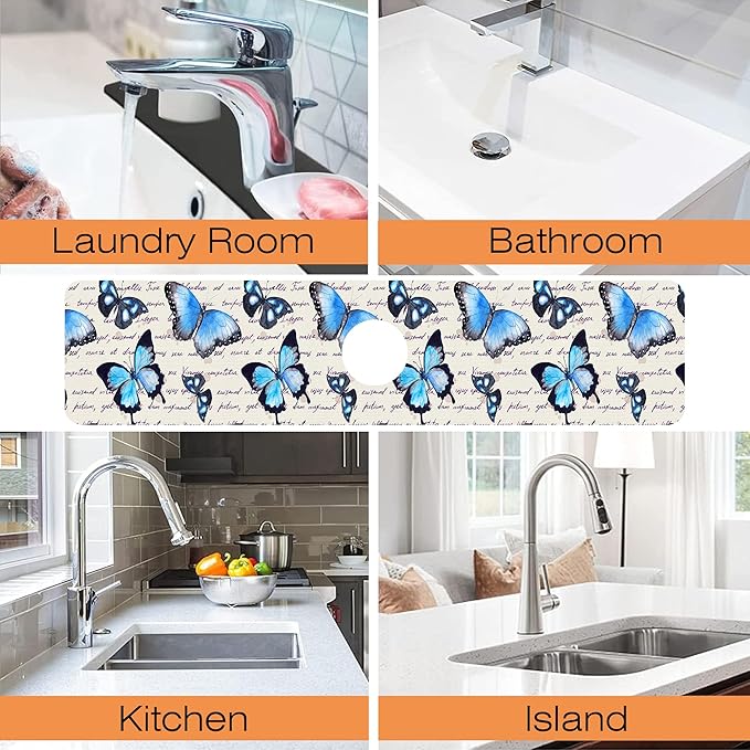 Kitchen Sink Splash Guard Faucet Mat Butterflies Hand Written Text Sink Splash Guard Behind Faucet,1 PC Soft Diatom Mud Non-Slip Mat-for Kitchen,Dish Drying Mat,Bathroom Faucet Mat 23.5"X5.5"