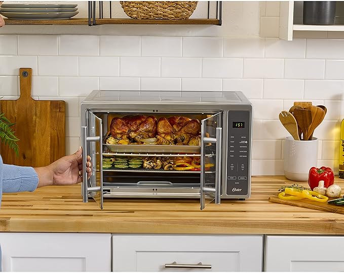 Oster Air Fryer Oven, 10-in-1 Countertop Toaster, Large Enough for 2 Pizzas, Stainless Steel French Doors, XL Sized