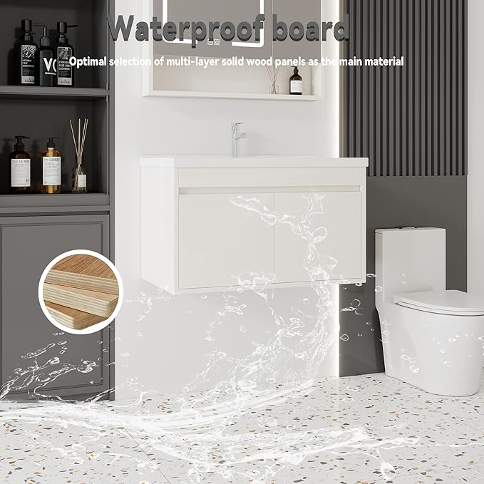 32'' Bathroom Vanity with Ceramic Sink Combo, Wall Mounted Small Bathroom Vanity with Soft-Close Door Modern Floating Cabinet, Pop-up Drain, P-Trap Included, Khaki(No Faucet)