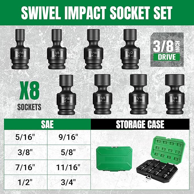SK 3/8" Drive Universal Swivel Impact Socket Set, SAE Socket Set, 8-Piece, Premium CR-MO Steel, SureGrip 6 Point Design, with Storage Case
