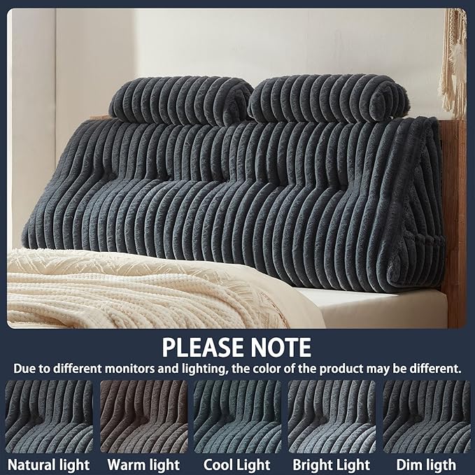 Faux Fur Headboard Pillow with 2 Pack Neck Roll Pillow Large Headboard Pillow Soft and Supportive with Removable Cover (Grey, Twin)