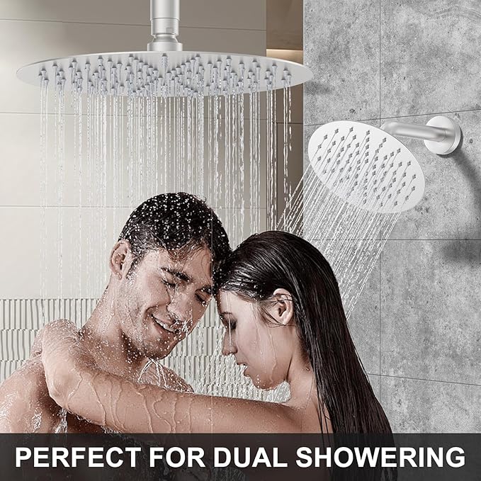 KOJOX Brushed Nickel Thermostatic Shower System, Push Button Diverter Shower Faucet Set with 12" Ceiling Mount Rain Shower, 8" Wall Mount Shower Head, and 3-in-1 Handheld Spray