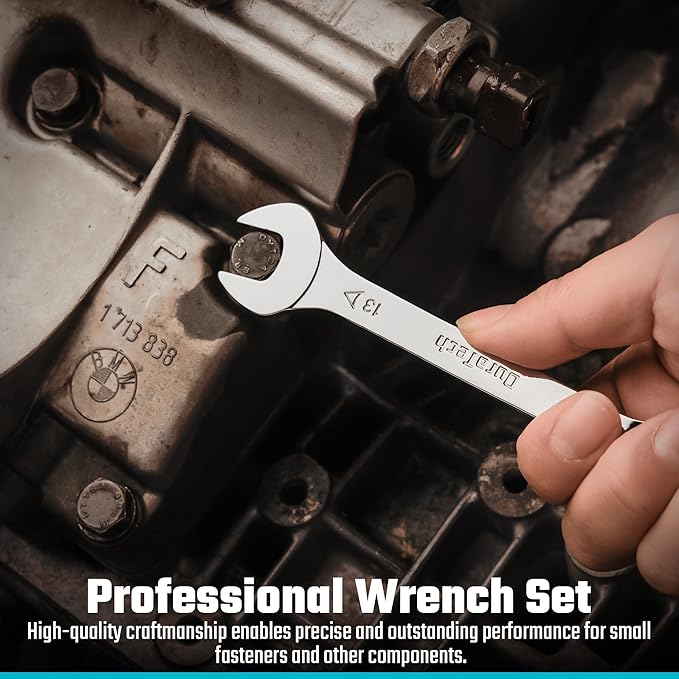 DURATECH Super-thin Open End Wrench Set, SAE(5/16" to 1-1/16") & Metric(5.5mm to 27mm), 16-Piece, Slim Spanner Wrench Set with Rolling Pouch