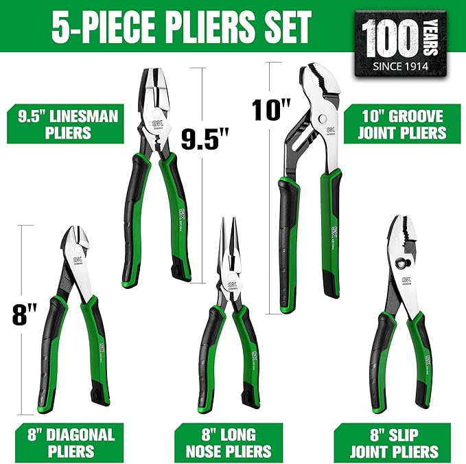 SK 5-Piece Pliers Set, 8" Long Nose, 9.5" Linesman, 8" Slip Joint, 8" Diagonal, and 10" Groove Joint, Premium CR-V Construction, with EVA Foam Tool Organizer