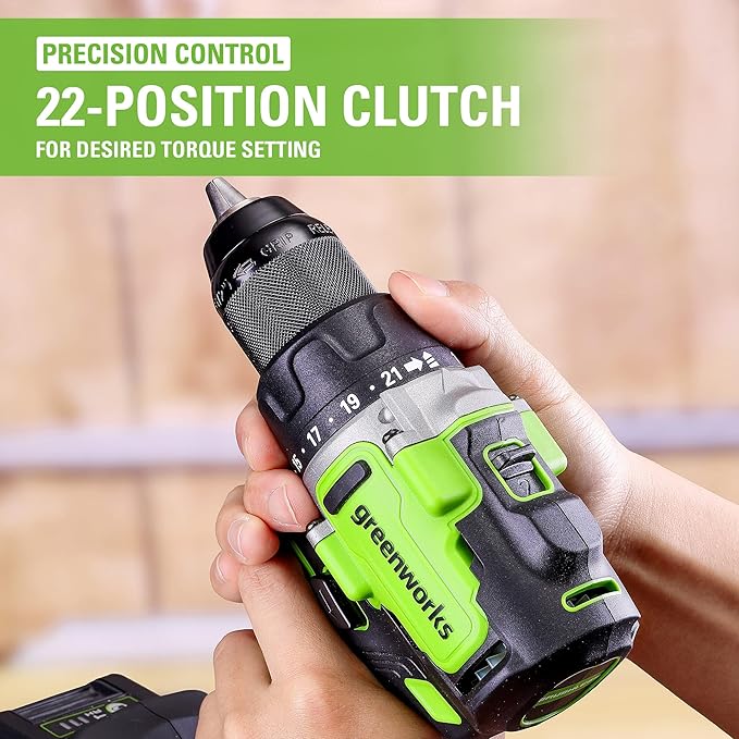 Greenworks 24V Cordless Brushless 1/2" Drill Driver (Metal Chuck /800 in.-lbs. /21 Clutch Position/LED Light), 4Ah USB (Power Bank) Battery and Fast Charger Included