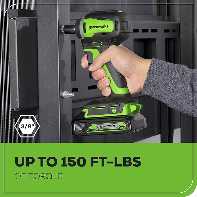 Greenworks 24V 3/8" Brushless Cordless Impact Wrench, 3/8 Inch, 150 ft.-lbs Torque, Lightweight and Compact, with 2.0Ah Battery and Charger, PA147K