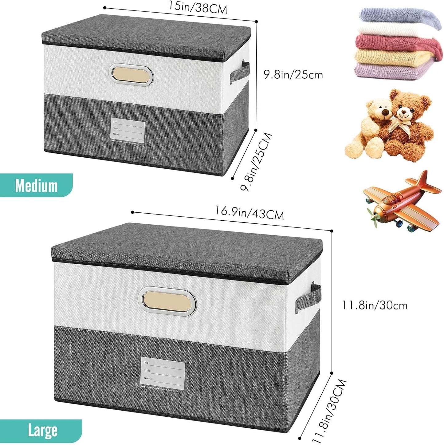 Large Linen Fabric Foldable Storage Bins with Removable Lid and Handles, Washable Storage Box Organizer Containers Baskets Cube with Cover for Bedroom,Closet,Office (Black&White, Medium)