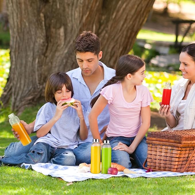 Clear Glass Water Bottles with Silicone Sleeve and Lids 18 oz, Reusable Glass Juice Bottles with Stainless Steel Airtight Cap for Juicing, Leak Proof Drinking Bottles, BPA Free, Set of 6
