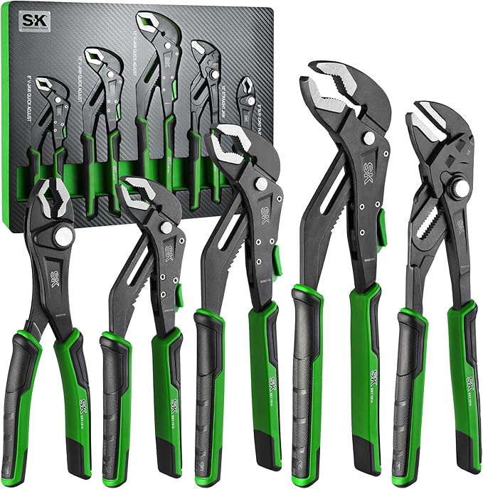 SK 5-Piece Pliers Set, 8" Adjustable Joint, 8", 10" and 12" Quick Adjust V-Jaw Groove Joint, 10" Pliers Wrench, Premium CR-V Construction, with EVA Foam Tool Organizer