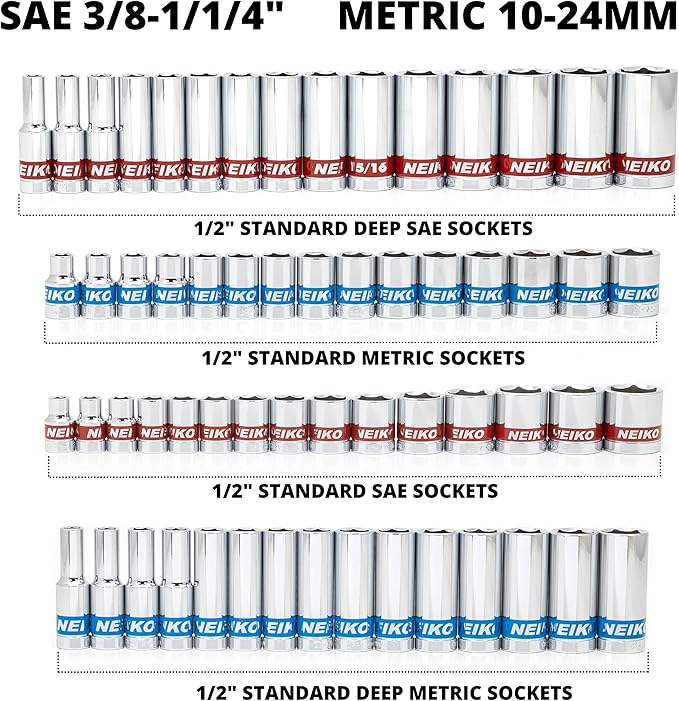 Neiko 02479A 1/2 Inch-Drive Colored Mechanics Tool Ratchet, Socket Set, 68 Piece Standard and Deep SAE Sizes 3/8" to 1-1/4" Metric Sizes 10 mm to 24 mm Made with CrV Steel for Auto Repair