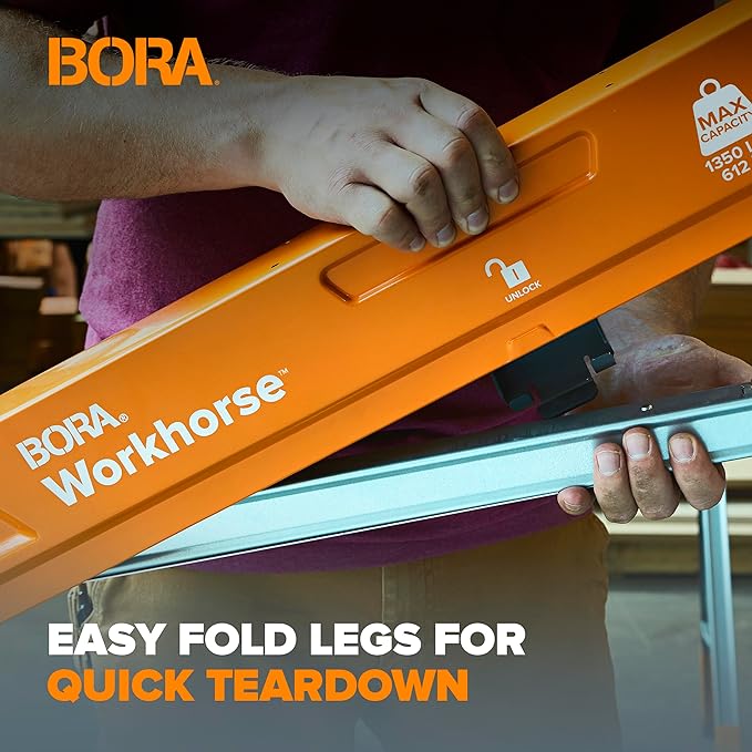BORA Workhorse Saw horses 2 pack Folding Heavy Duty Legs, Metal Saw horse with 2x4 Bracket Built in Bottle Opener Professional Saw Horse for Woodworking Carpenters Contractors PM-3350T