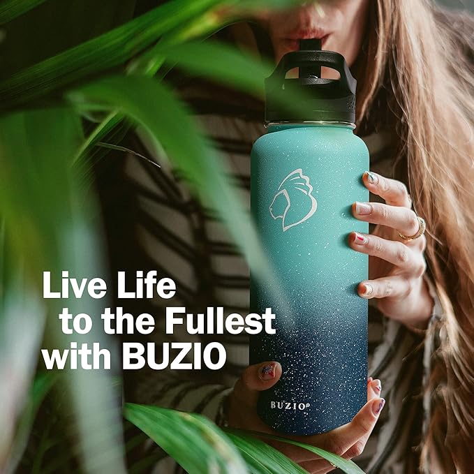 BUZIO Water Bottle with Straw lid, Spout Lid, Hand Lid and Carrying Pouch, 32oz 40oz 64oz Stainless Steel Water Flask Jug, Cold for 48 Hrs Hot for 24 Hrs Double Vacuum Thermo Canteen Mug, BPA-Free