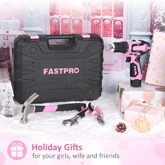 FASTPRO 160-Piece Pink Tool Set with 12V Cordless Lithium-ion Drill Driver, Lady's Home Repairing Tool Kit with Drill in Storage Case, For DIY, Home Maintenance.