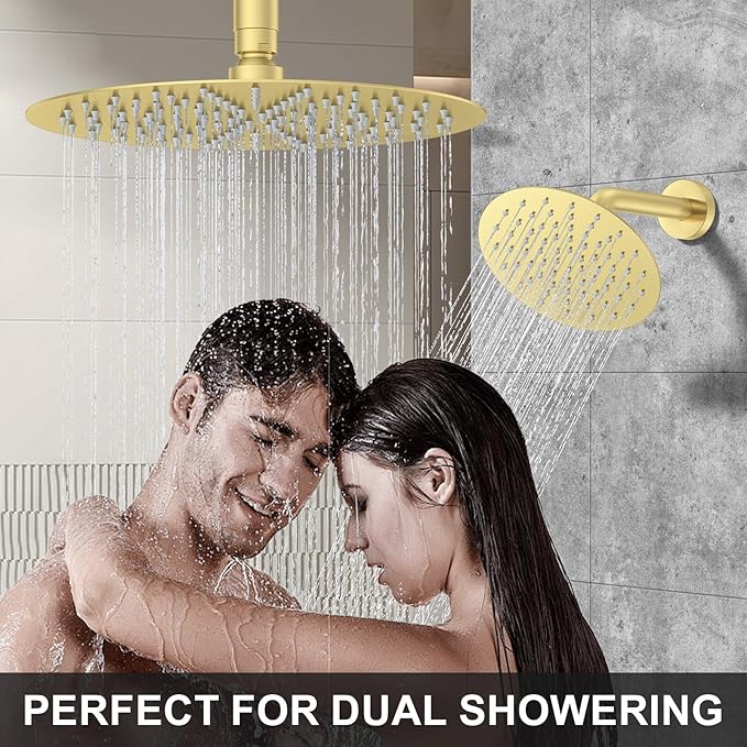 KOJOX Brushed Gold Thermostatic Shower System, Push Button Diverter Shower Faucet Set with 12" Ceiling Mount Rain Shower, 8" Wall Mount Shower Head, and 3-in-1 Handheld Spray