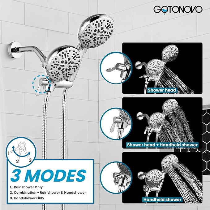 gotonovo Tub Shower Faucet Set,2 in 1 Dual Shower Head and Handle Set with Tub Spout Wall Mount Bathroom Shower Trim Kit with 3-way Water Diverter Valve Included Various Modes Polished Chrome